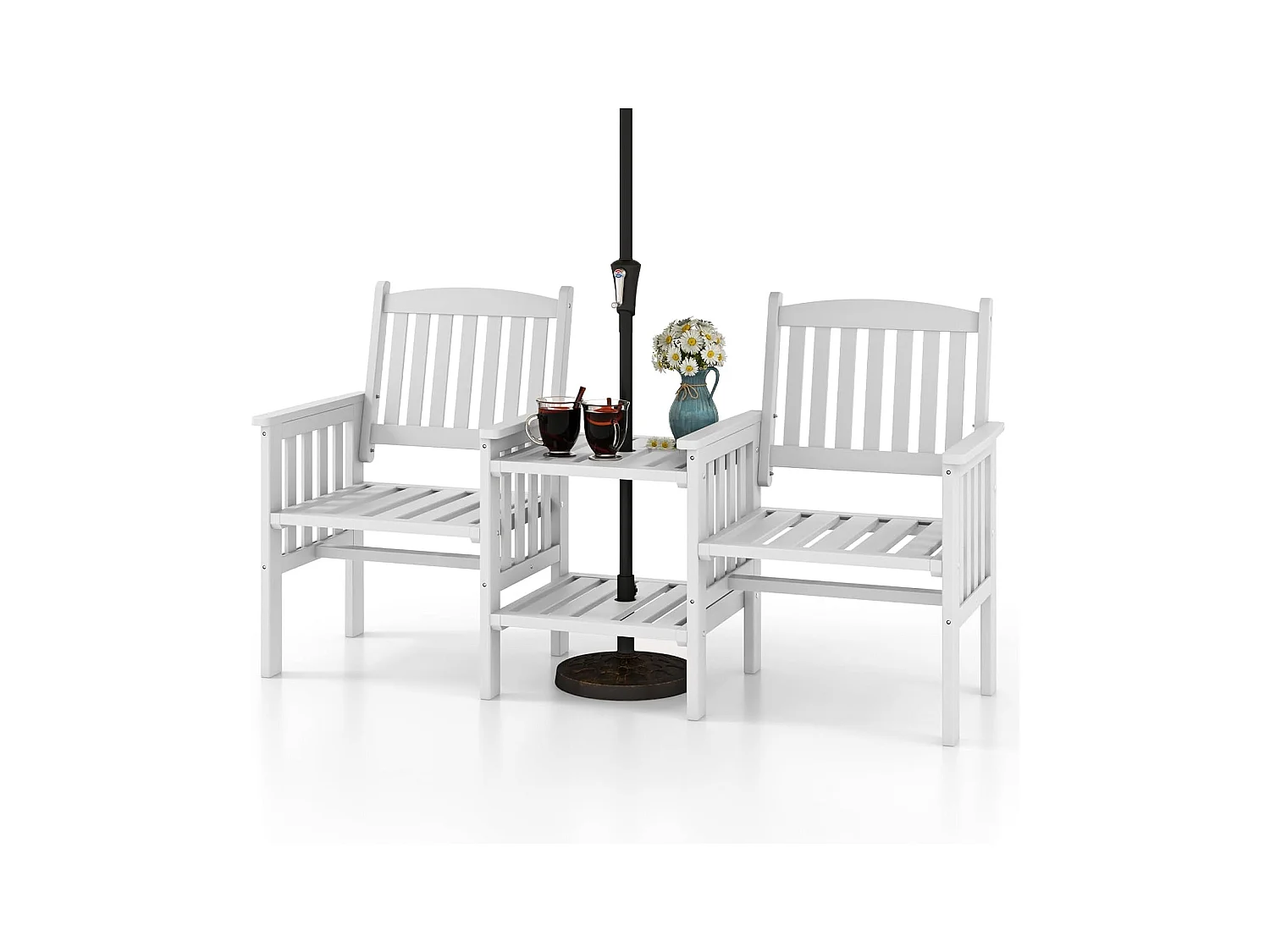 Ensemble de Meubles de Patio 2 Places en Bois de Sapin, Salon de Jardin avec 2 Chaises à Lattes, Trou pour Parasol de 5 cm, Fauteuil Extérieur pour Balcon Terrasse