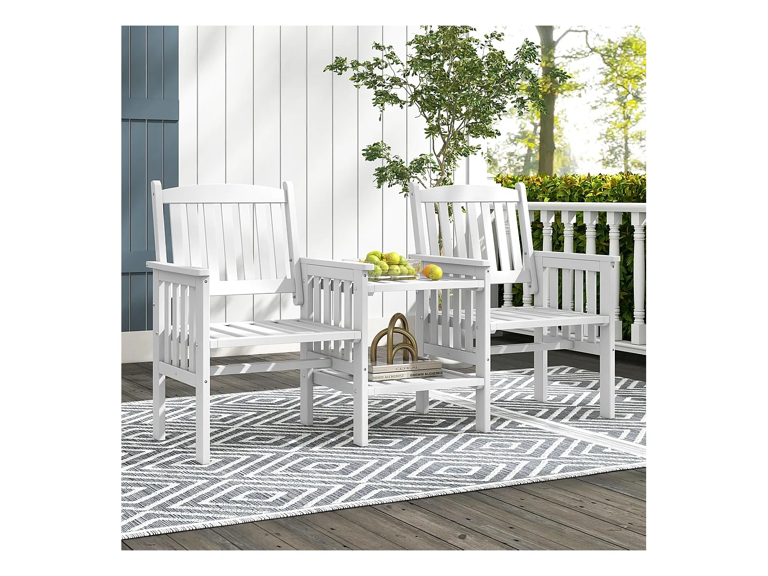 Ensemble de Meubles de Patio 2 Places en Bois de Sapin, Salon de Jardin avec 2 Chaises à Lattes, Trou pour Parasol de 5 cm, Fauteuil Extérieur pour Balcon Terrasse