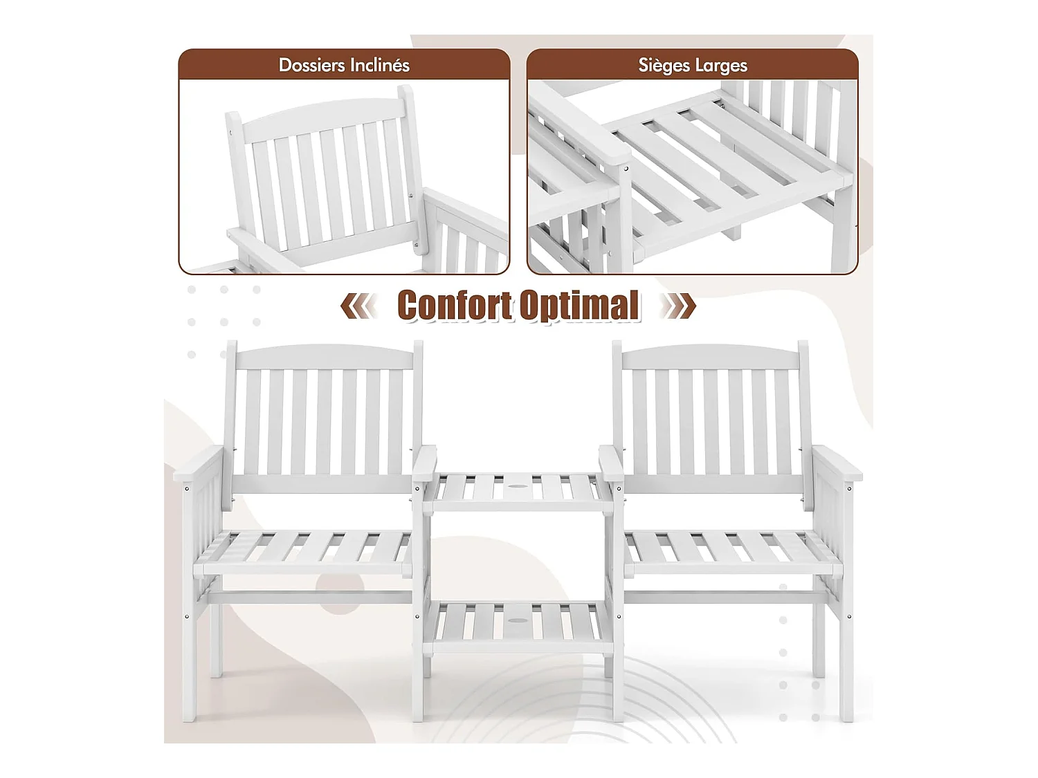 Ensemble de Meubles de Patio 2 Places en Bois de Sapin, Salon de Jardin avec 2 Chaises à Lattes, Trou pour Parasol de 5 cm, Fauteuil Extérieur pour Balcon Terrasse