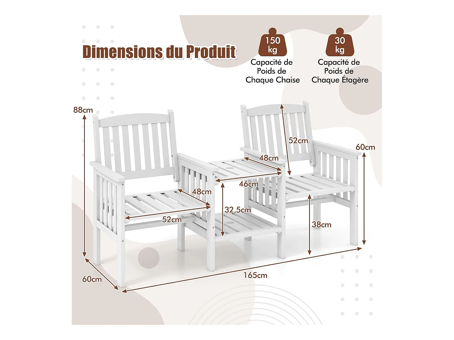 Ensemble de Meubles de Patio 2 Places en Bois de Sapin, Salon de Jardin avec 2 Chaises à Lattes, Trou pour Parasol de 5 cm, Fauteuil Extérieur pour Balcon Terrasse