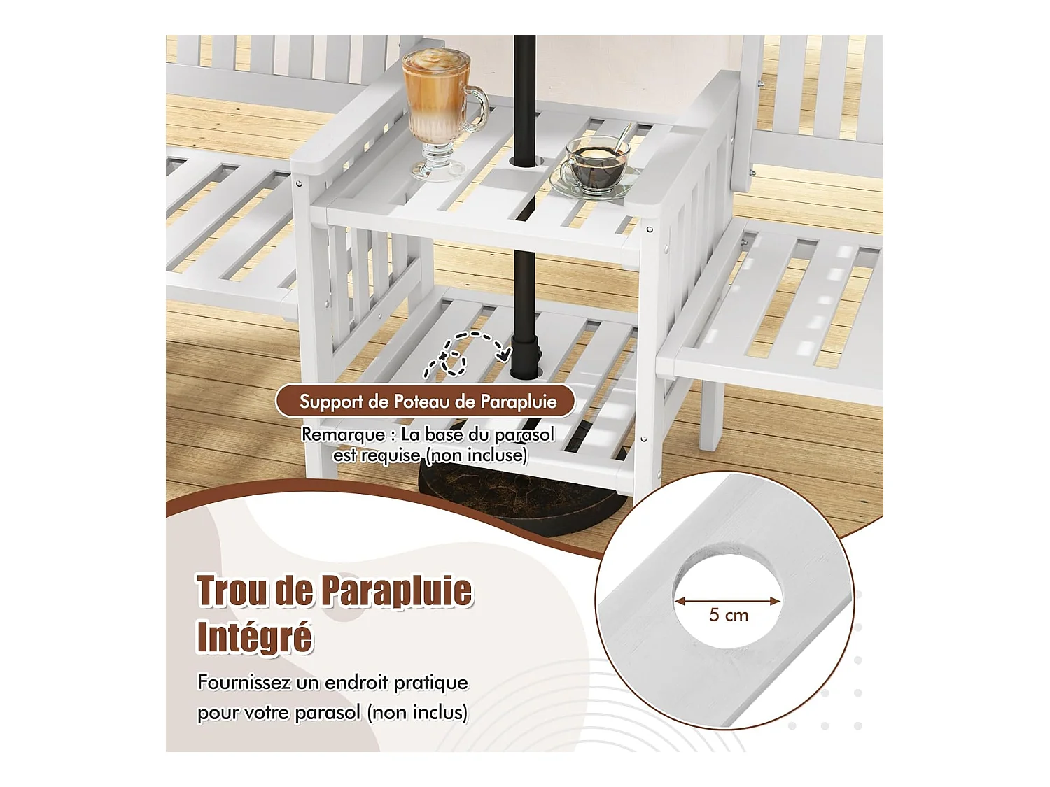 Ensemble de Meubles de Patio 2 Places en Bois de Sapin, Salon de Jardin avec 2 Chaises à Lattes, Trou pour Parasol de 5 cm, Fauteuil Extérieur pour Balcon Terrasse