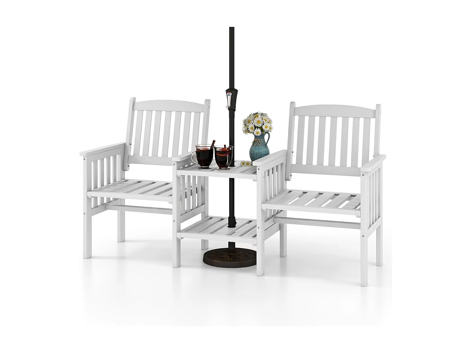 Ensemble de Meubles de Patio 2 Places en Bois de Sapin, Salon de Jardin avec 2 Chaises à Lattes, Trou pour Parasol de 5 cm, Fauteuil Extérieur pour Balcon Terrasse