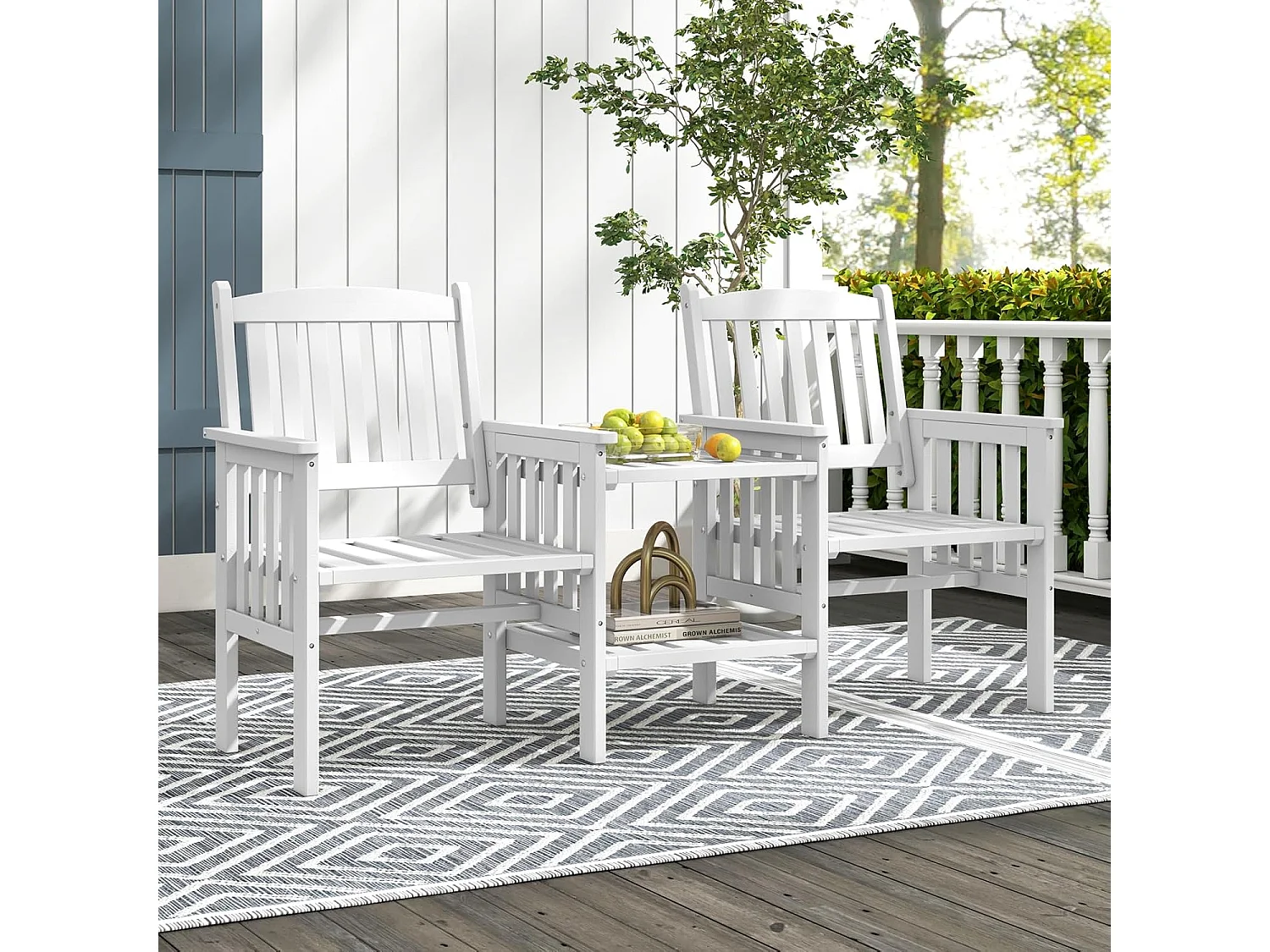 Ensemble de Meubles de Patio 2 Places en Bois de Sapin, Salon de Jardin avec 2 Chaises à Lattes, Trou pour Parasol de 5 cm, Fauteuil Extérieur pour Balcon Terrasse