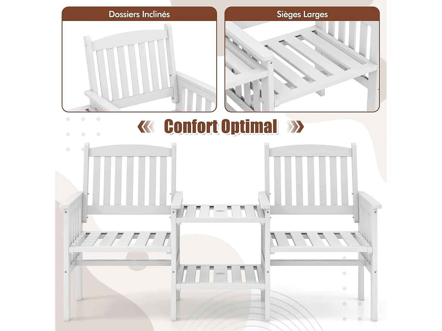 Ensemble de Meubles de Patio 2 Places en Bois de Sapin, Salon de Jardin avec 2 Chaises à Lattes, Trou pour Parasol de 5 cm, Fauteuil Extérieur pour Balcon Terrasse