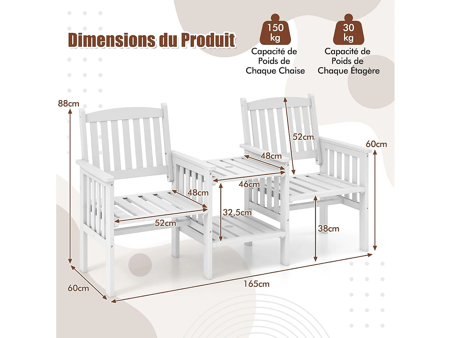 Ensemble de Meubles de Patio 2 Places en Bois de Sapin, Salon de Jardin avec 2 Chaises à Lattes, Trou pour Parasol de 5 cm, Fauteuil Extérieur pour Balcon Terrasse
