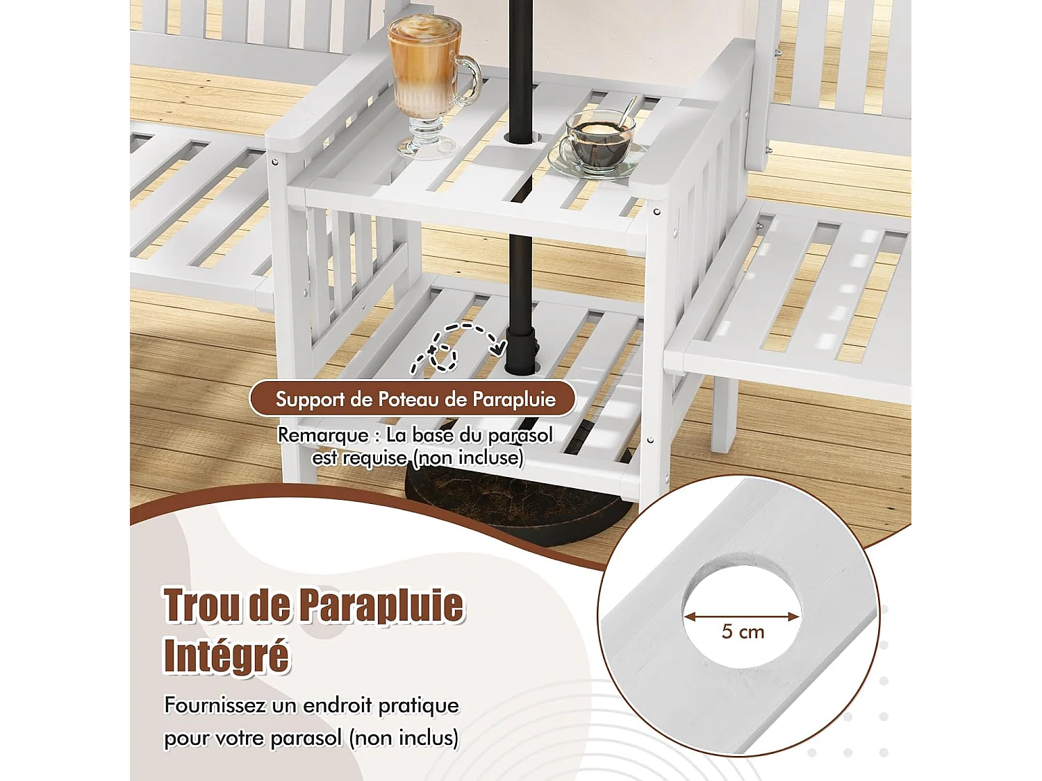 Ensemble de Meubles de Patio 2 Places en Bois de Sapin, Salon de Jardin avec 2 Chaises à Lattes, Trou pour Parasol de 5 cm, Fauteuil Extérieur pour Balcon Terrasse
