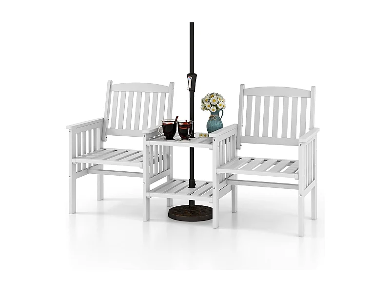 Ensemble de Meubles de Patio 2 Places en Bois de Sapin, Salon de Jardin avec 2 Chaises à Lattes, Trou pour Parasol de 5 cm, Fauteuil Extérieur pour Balcon Terrasse