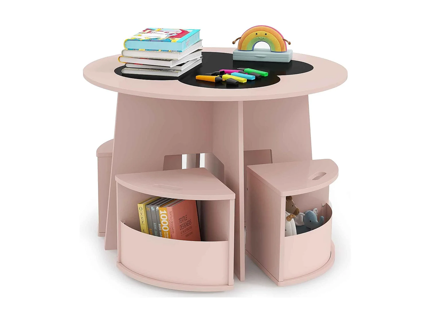 Table Enfant avec 4 Chaises Empilables, Table de Dessin en Bois avec Tableau en Forme Fleur, Espace de Rangment Intégré, pour Salle de Jeux Chambre d'enfant (Rose)