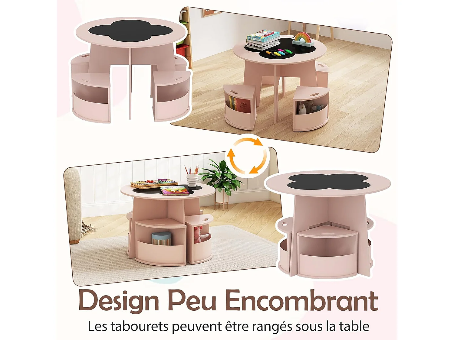 Table Enfant avec 4 Chaises Empilables, Table de Dessin en Bois avec Tableau en Forme Fleur, Espace de Rangment Intégré, pour Salle de Jeux Chambre d'enfant (Rose)