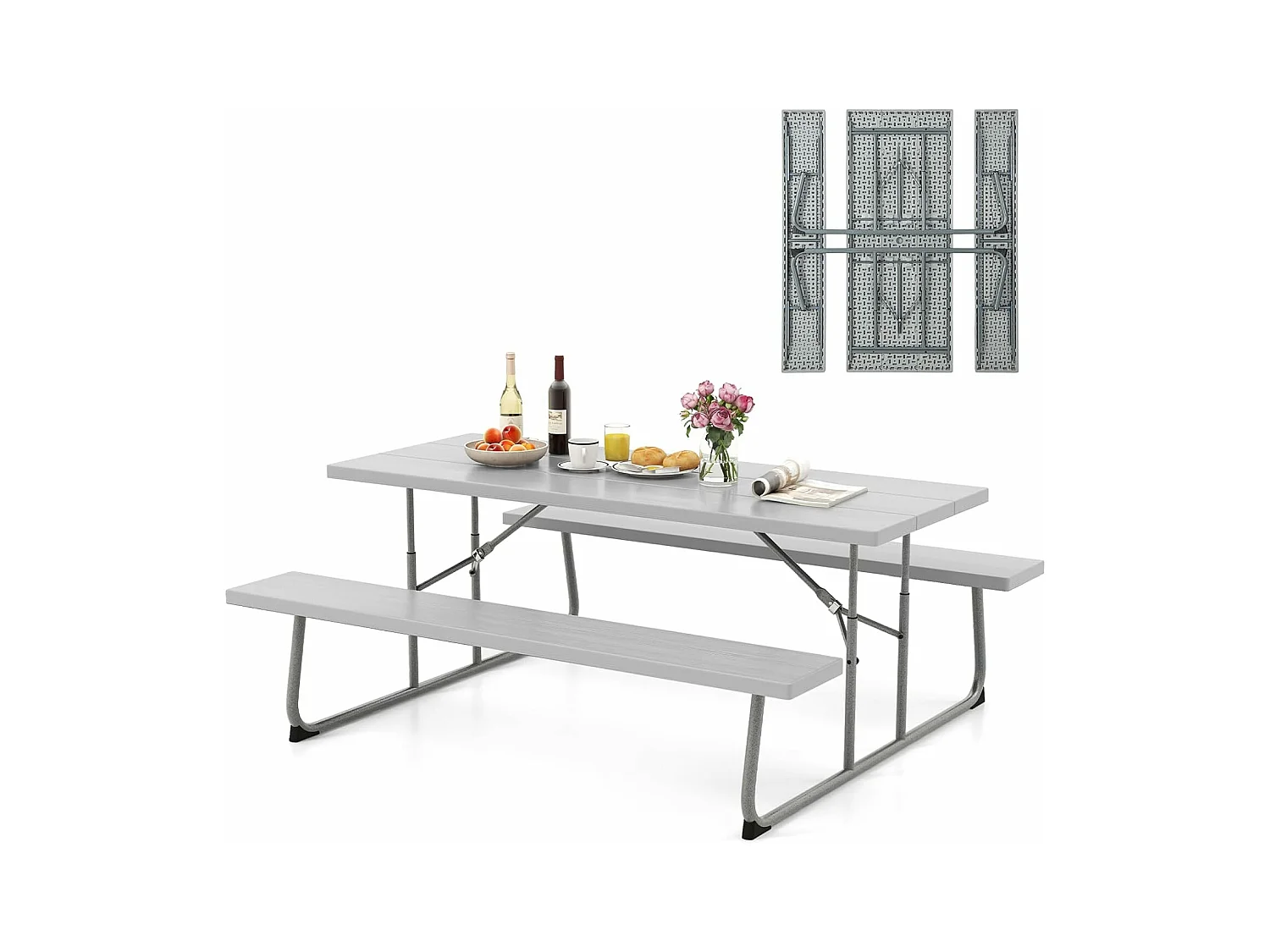 Ensemble Table et Bancs de Pique-Nique Pliable, Ensemble de Meubles Jardin avec Cadre Métallique, Trou pour Parasol, Banc Charge 250KG, 183 x 163 x 74 cm (Gris)