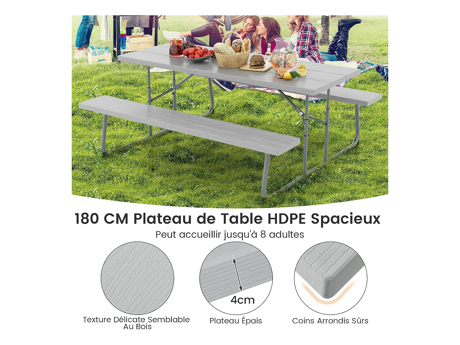 Ensemble Table et Bancs de Pique-Nique Pliable, Ensemble de Meubles Jardin avec Cadre Métallique, Trou pour Parasol, Banc Charge 250KG, 183 x 163 x 74 cm (Gris)
