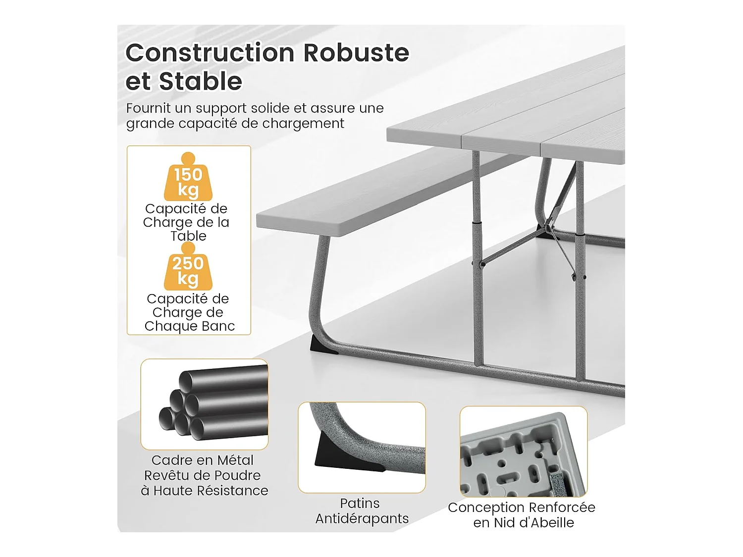 Ensemble Table et Bancs de Pique-Nique Pliable, Ensemble de Meubles Jardin avec Cadre Métallique, Trou pour Parasol, Banc Charge 250KG, 183 x 163 x 74 cm (Gris)