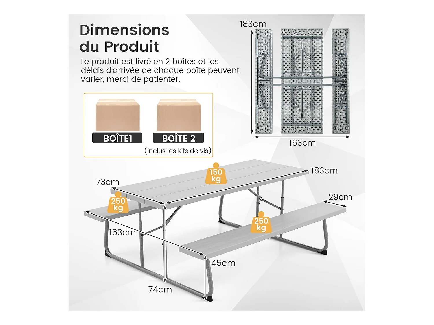 Ensemble Table et Bancs de Pique-Nique Pliable, Ensemble de Meubles Jardin avec Cadre Métallique, Trou pour Parasol, Banc Charge 250KG, 183 x 163 x 74 cm (Gris)