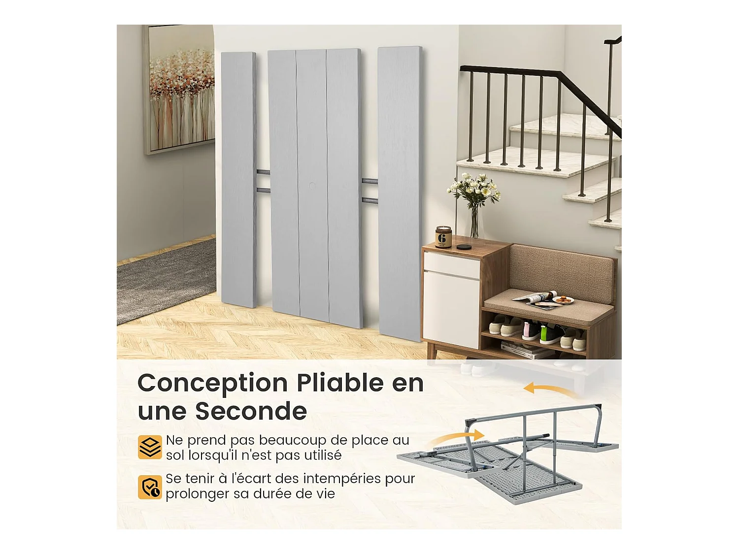 Ensemble Table et Bancs de Pique-Nique Pliable, Ensemble de Meubles Jardin avec Cadre Métallique, Trou pour Parasol, Banc Charge 250KG, 183 x 163 x 74 cm (Gris)