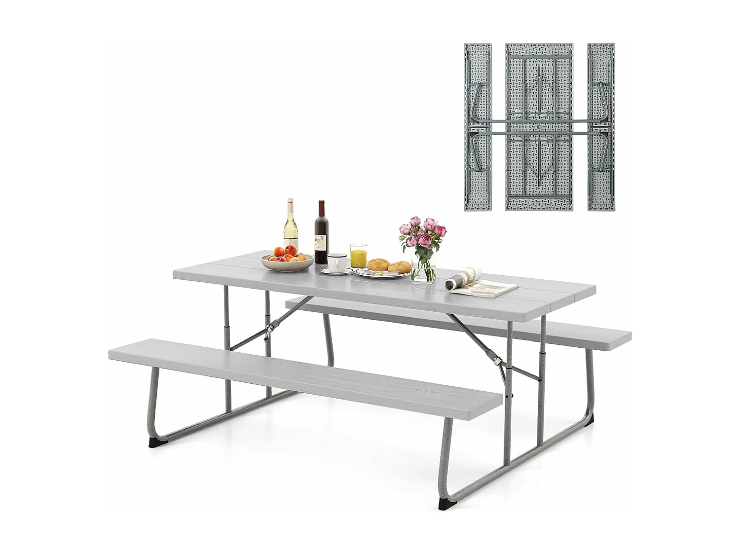 Ensemble Table et Bancs de Pique-Nique Pliable, Ensemble de Meubles Jardin avec Cadre Métallique, Trou pour Parasol, Banc Charge 250KG, 183 x 163 x 74 cm (Gris)