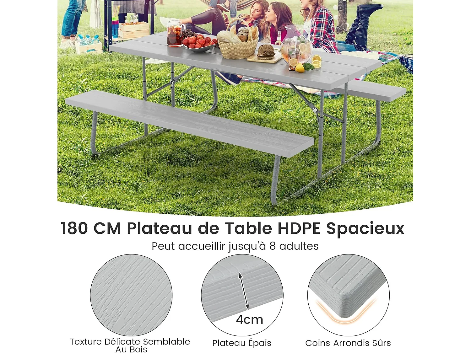 Ensemble Table et Bancs de Pique-Nique Pliable, Ensemble de Meubles Jardin avec Cadre Métallique, Trou pour Parasol, Banc Charge 250KG, 183 x 163 x 74 cm (Gris)