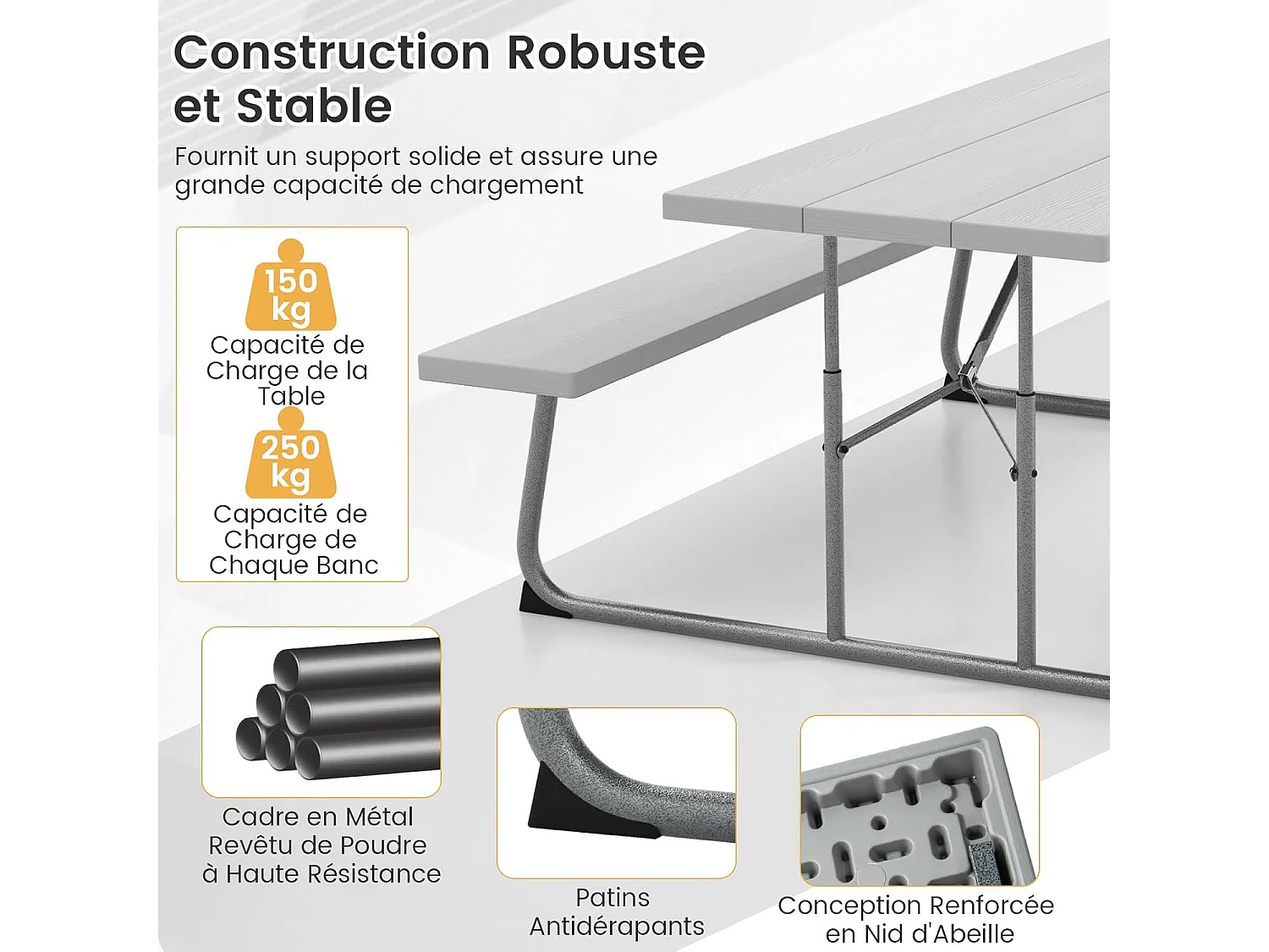 Ensemble Table et Bancs de Pique-Nique Pliable, Ensemble de Meubles Jardin avec Cadre Métallique, Trou pour Parasol, Banc Charge 250KG, 183 x 163 x 74 cm (Gris)