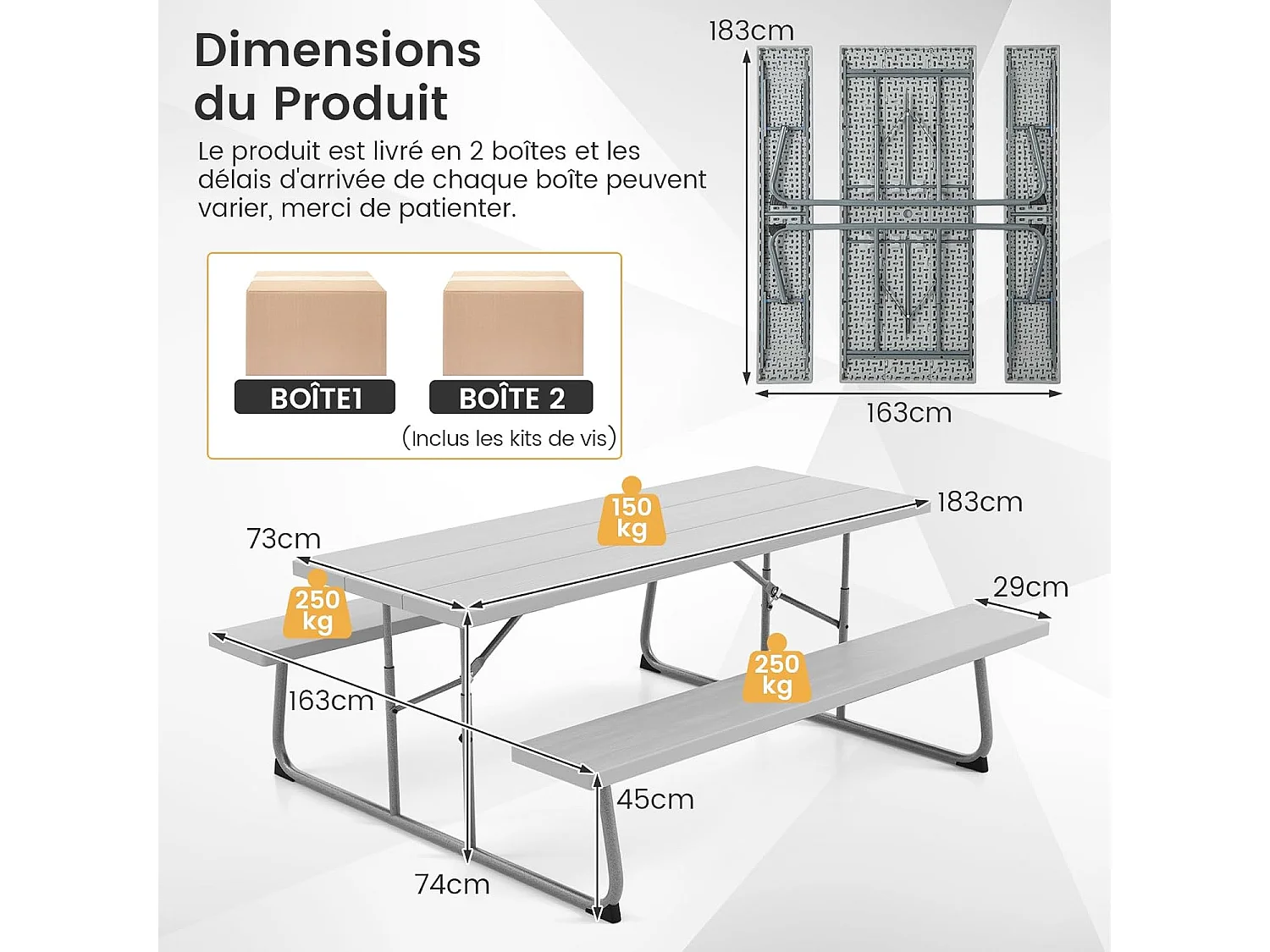 Ensemble Table et Bancs de Pique-Nique Pliable, Ensemble de Meubles Jardin avec Cadre Métallique, Trou pour Parasol, Banc Charge 250KG, 183 x 163 x 74 cm (Gris)