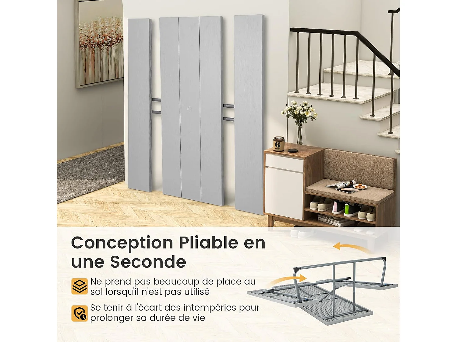 Ensemble Table et Bancs de Pique-Nique Pliable, Ensemble de Meubles Jardin avec Cadre Métallique, Trou pour Parasol, Banc Charge 250KG, 183 x 163 x 74 cm (Gris)