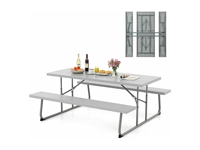 Ensemble Table et Bancs de Pique-Nique Pliable, Ensemble de Meubles Jardin avec Cadre Métallique, Trou pour Parasol, Banc Charge 250KG, 183 x 163 x 74 cm (Gris)