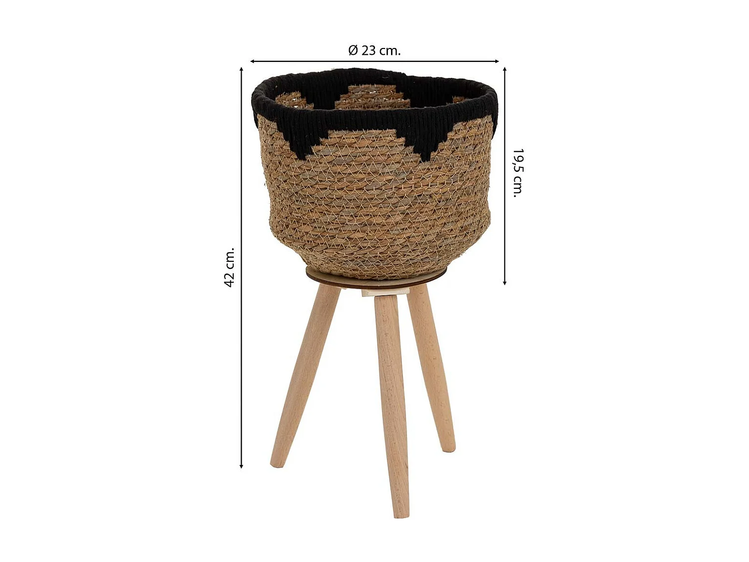 Floreira em fibra natural e algodão preto d23x19,5/42