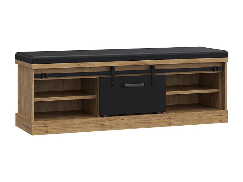 Banc bout de lit 145 cm 4 niches 1 porte décor chêne et noir – FARM