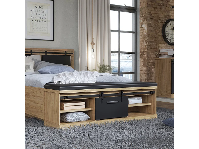 Banc bout de lit 145 cm 4 niches 1 porte décor chêne et noir – FARM