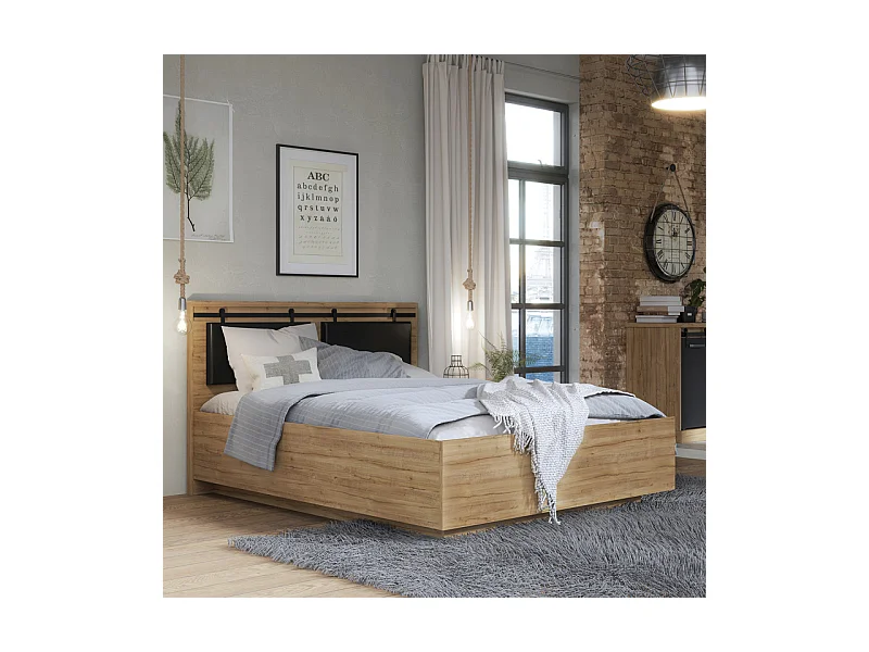 Lit 160 x 200 cm avec tête de lit en décor chêne et noir – FARM