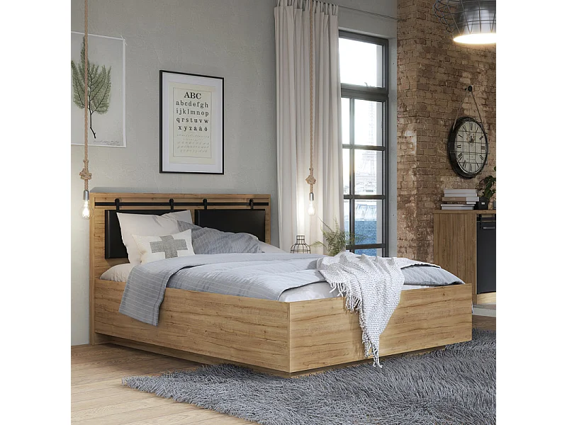 Lit 160 x 200 cm avec tête de lit en décor chêne et noir – FARM