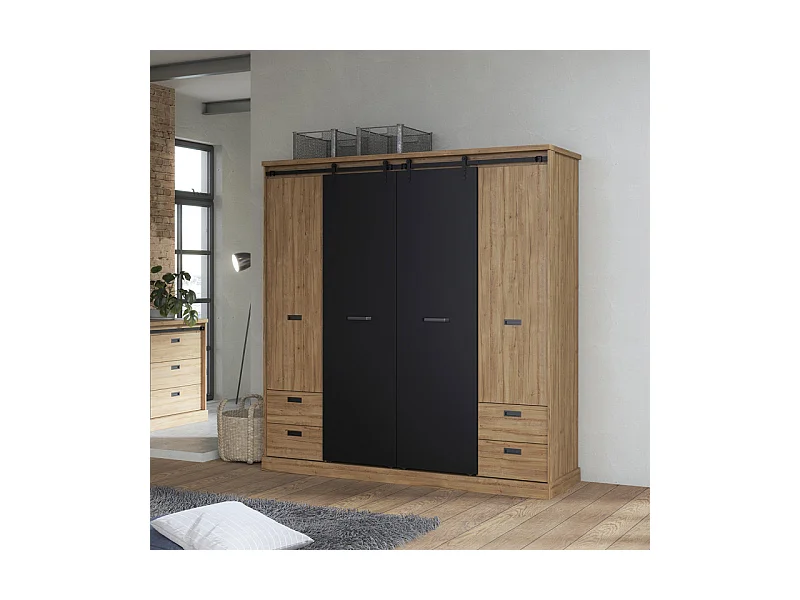 Armoire dressing 203 cm 4 portes décor chêne et noir – FARM