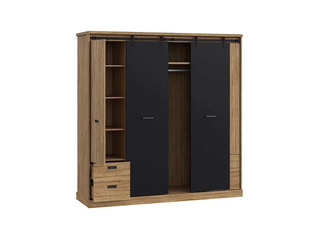Armoire dressing 203 cm 4 portes décor chêne et noir – FARM