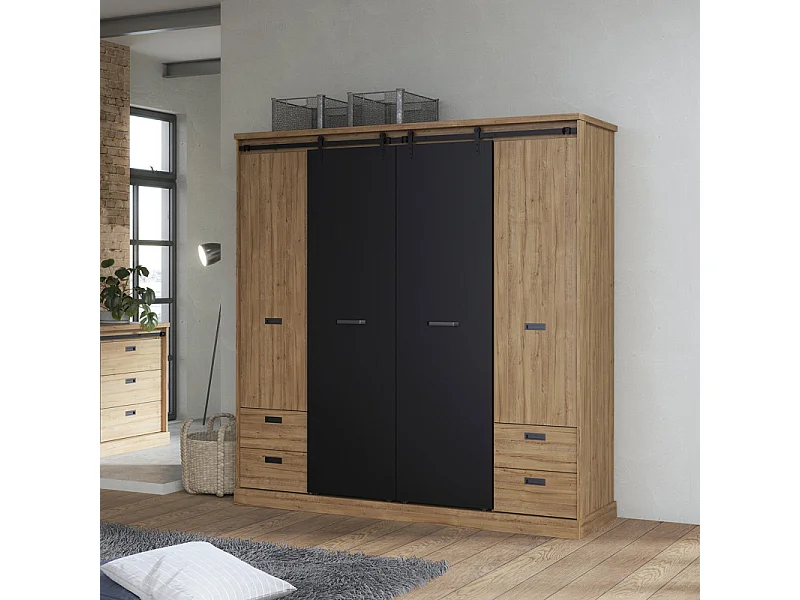 Armoire dressing 203 cm 4 portes décor chêne et noir – FARM