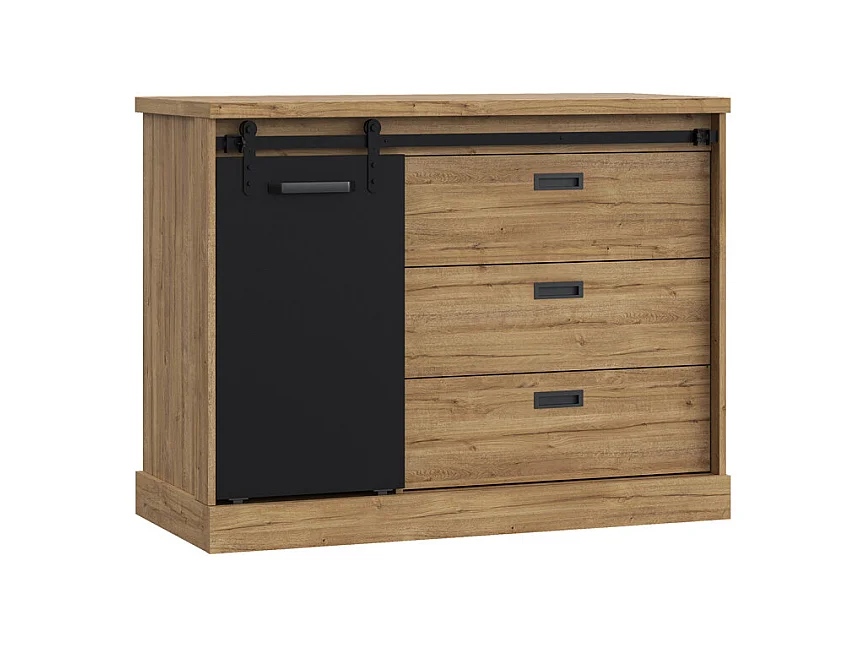 Commode 88 cm 3 tiroirs 1 porte décor bois de chêne et noir – FARM