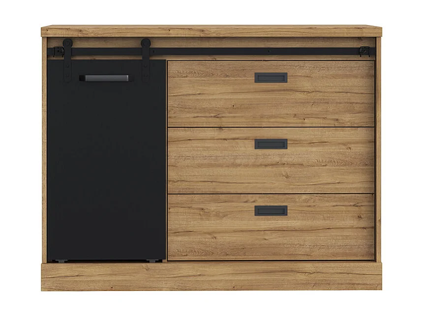 Commode 88 cm 3 tiroirs 1 porte décor bois de chêne et noir – FARM