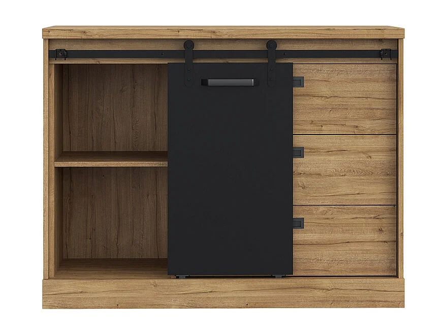 Commode 88 cm 3 tiroirs 1 porte décor bois de chêne et noir – FARM