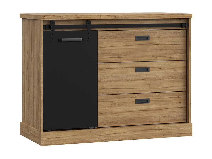 Commode 88 cm 3 tiroirs 1 porte décor bois de chêne et noir – FARM