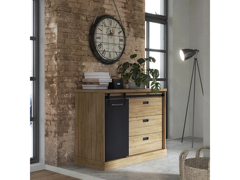 Commode 88 cm 3 tiroirs 1 porte décor bois de chêne et noir – FARM