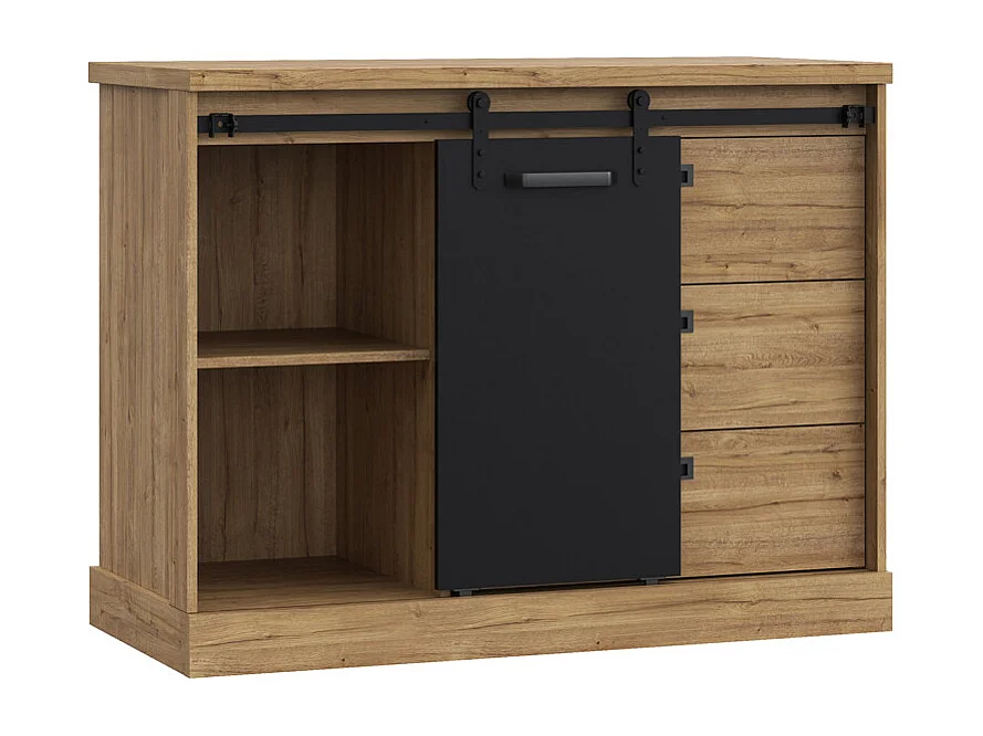 Commode 88 cm 3 tiroirs 1 porte décor bois de chêne et noir – FARM
