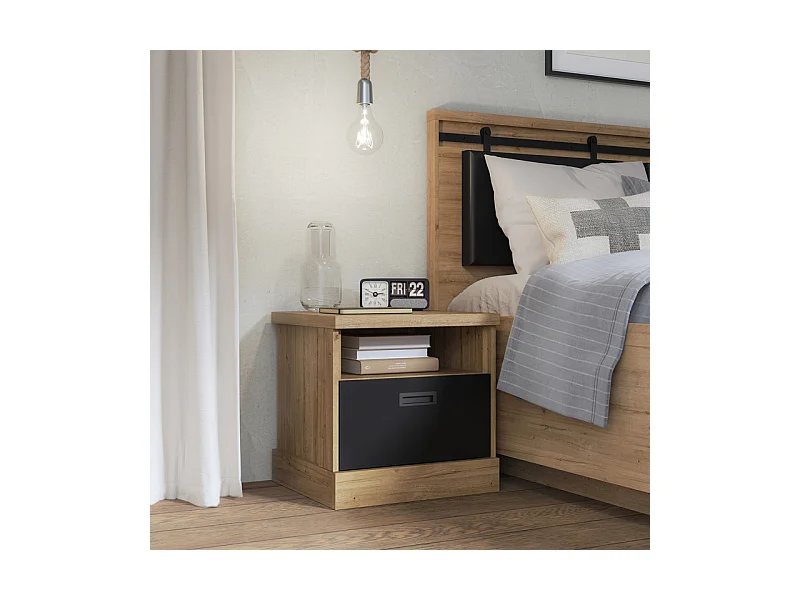 Table de chevet 48 cm 1 tiroir 1 niche décor chêne et noir – FARM
