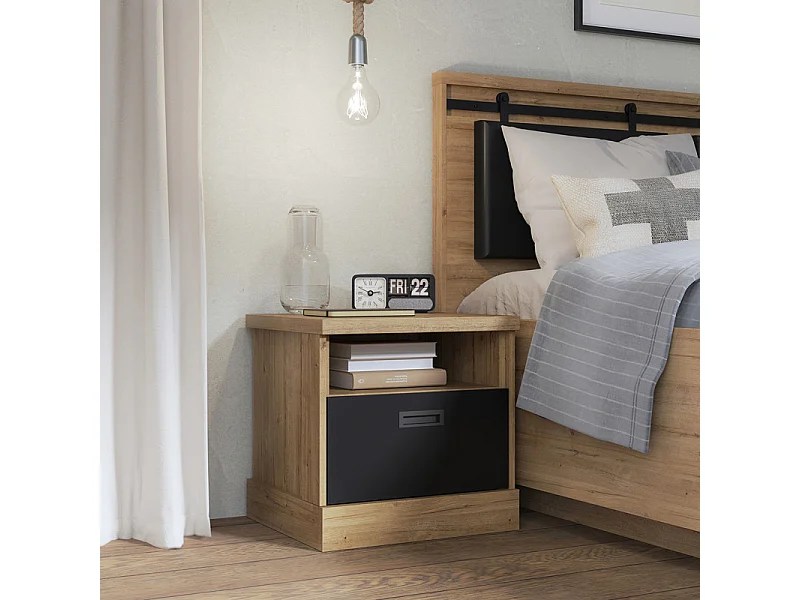 Table de chevet 48 cm 1 tiroir 1 niche décor chêne et noir – FARM