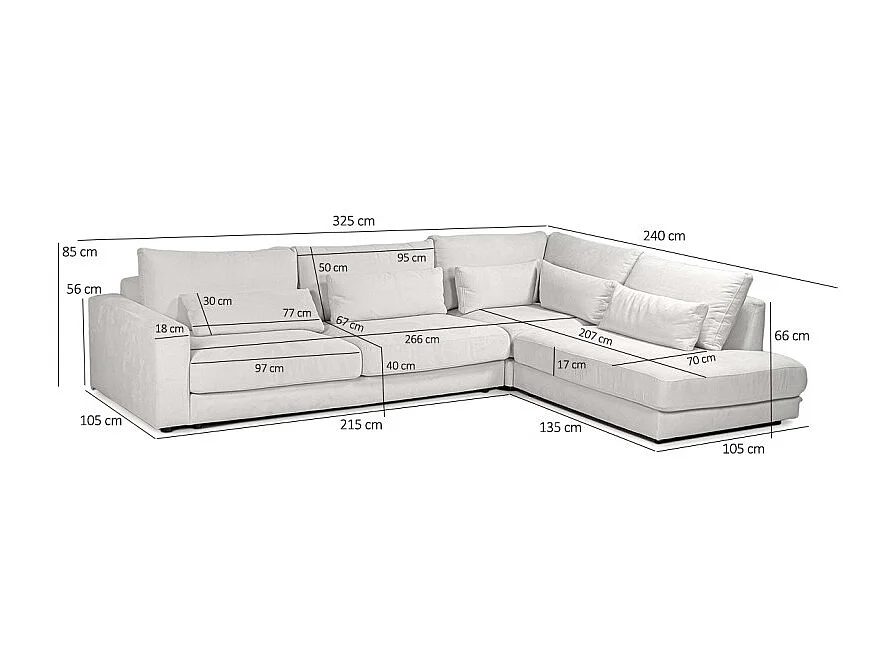 Canapé d'angle droit 325 cm en tissu microfibre ivoire - CECILE