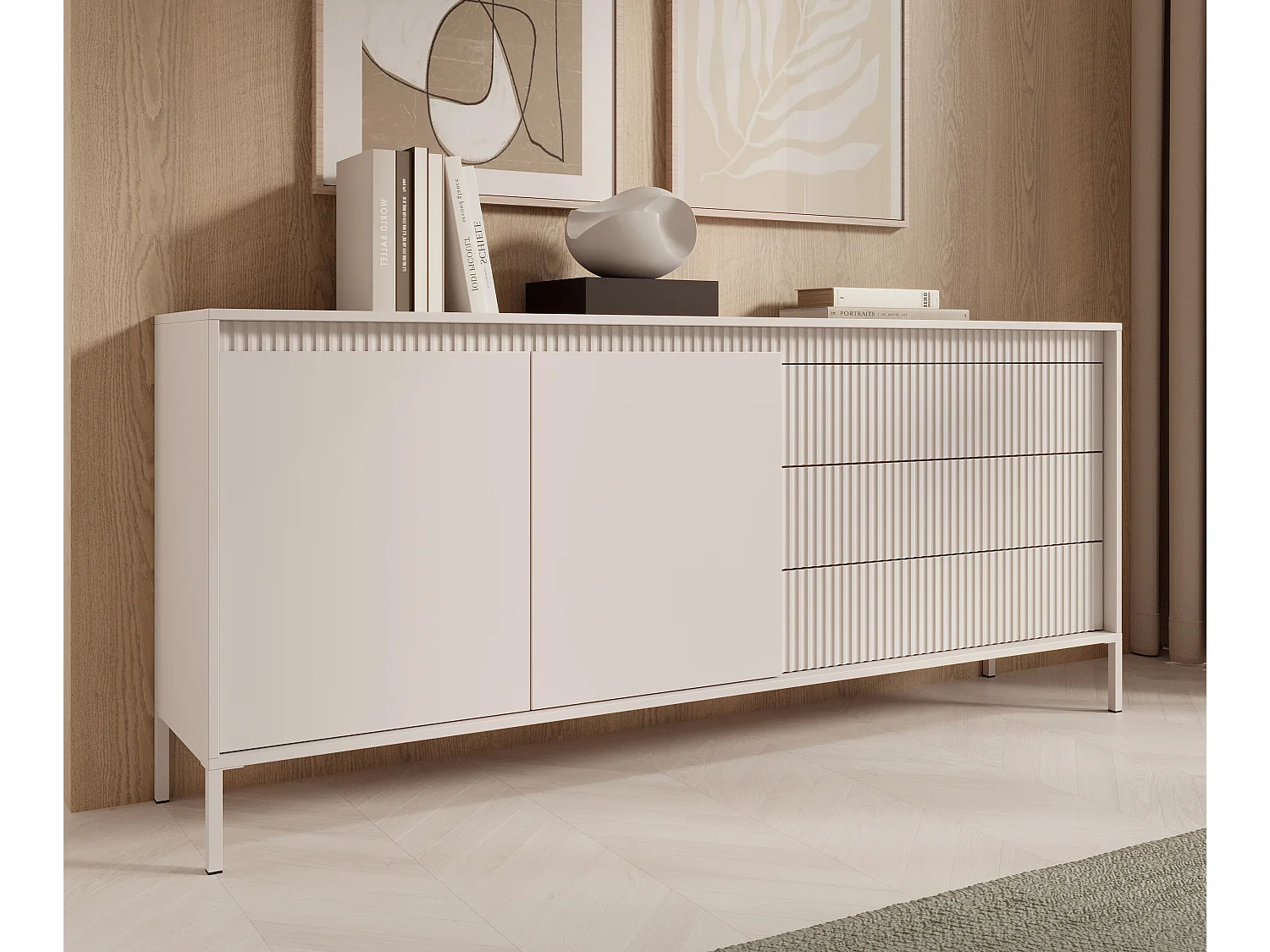 AX LIVING Trentinis 187 2D3S Beige große Kommode 187,1 cm, geriffelte