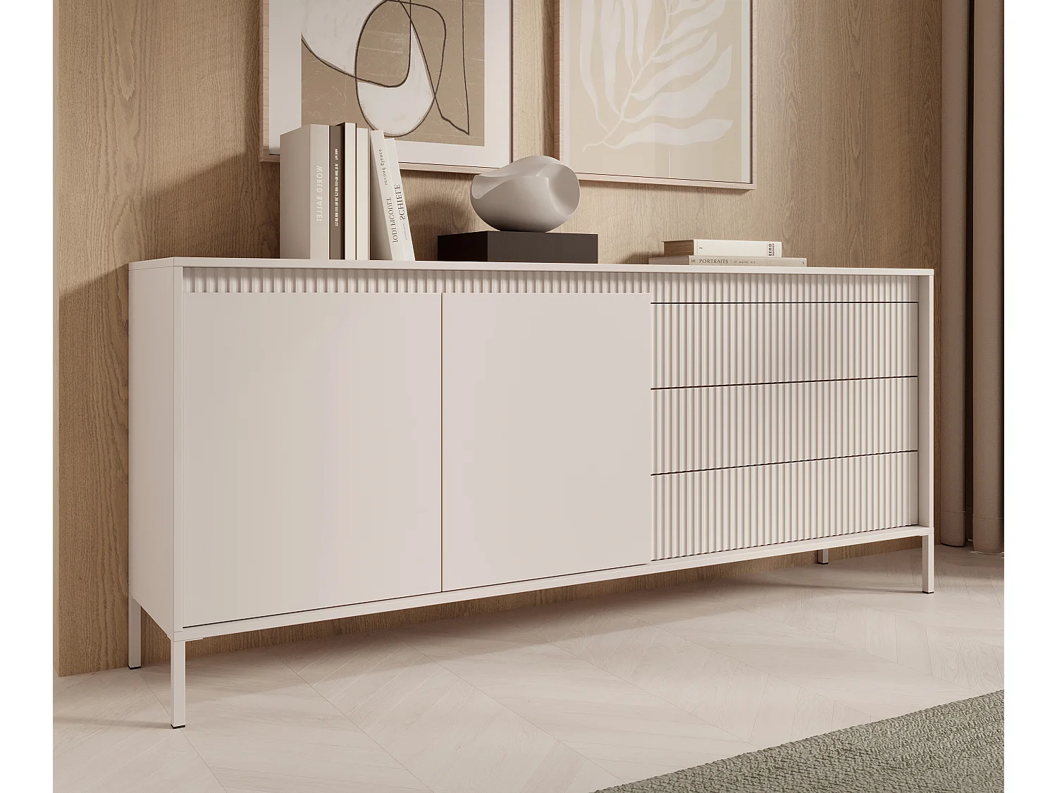 AX LIVING Trentinis 187 2T3S grote beige ladekast – 187,1 cm met geribbelde fronten