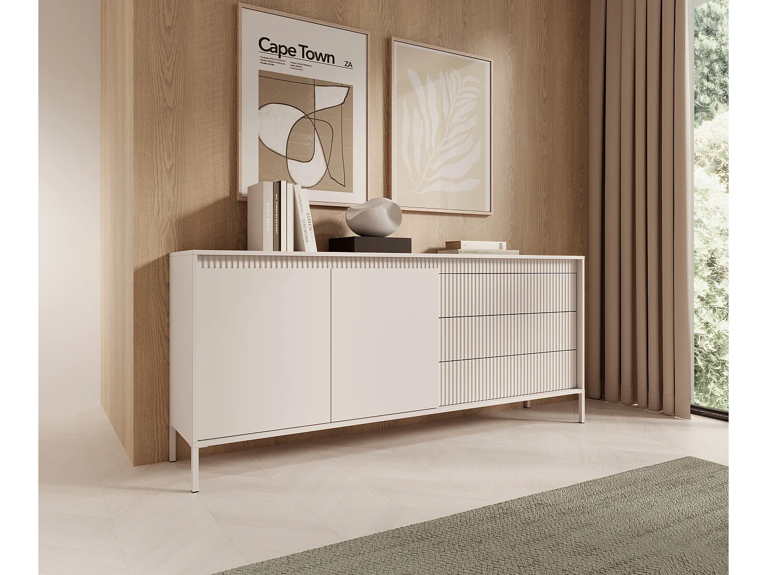 AX LIVING Trentinis 187 2T3S grote beige ladekast – 187,1 cm met geribbelde fronten