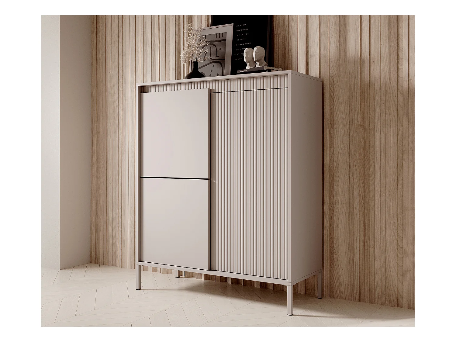 AX LIVING Trentinis 3D Highboard modern Beige, 103,5 cm, geriffeltes