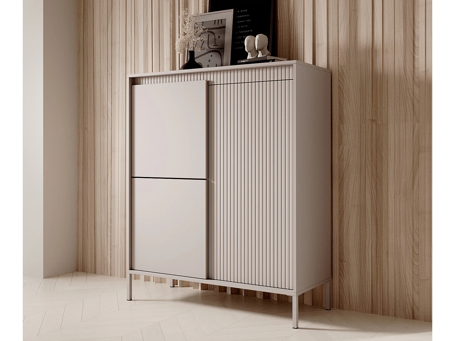 AX LIVING Trentinis 3T Highboard modern Beige, 103,5 cm, geriffeltes