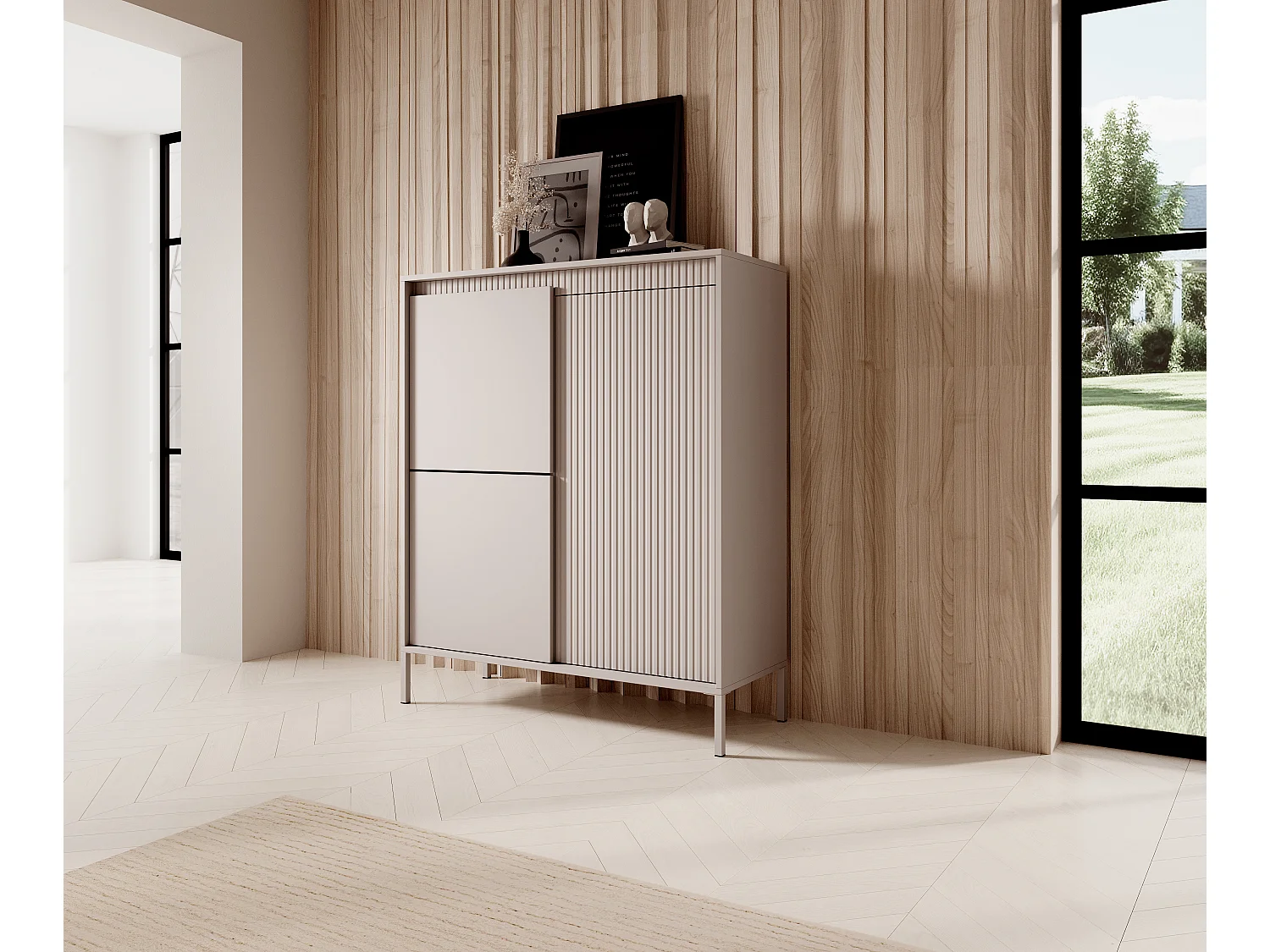 AX LIVING Trentinis 3T Highboard modern Beige, 103,5 cm, geriffeltes