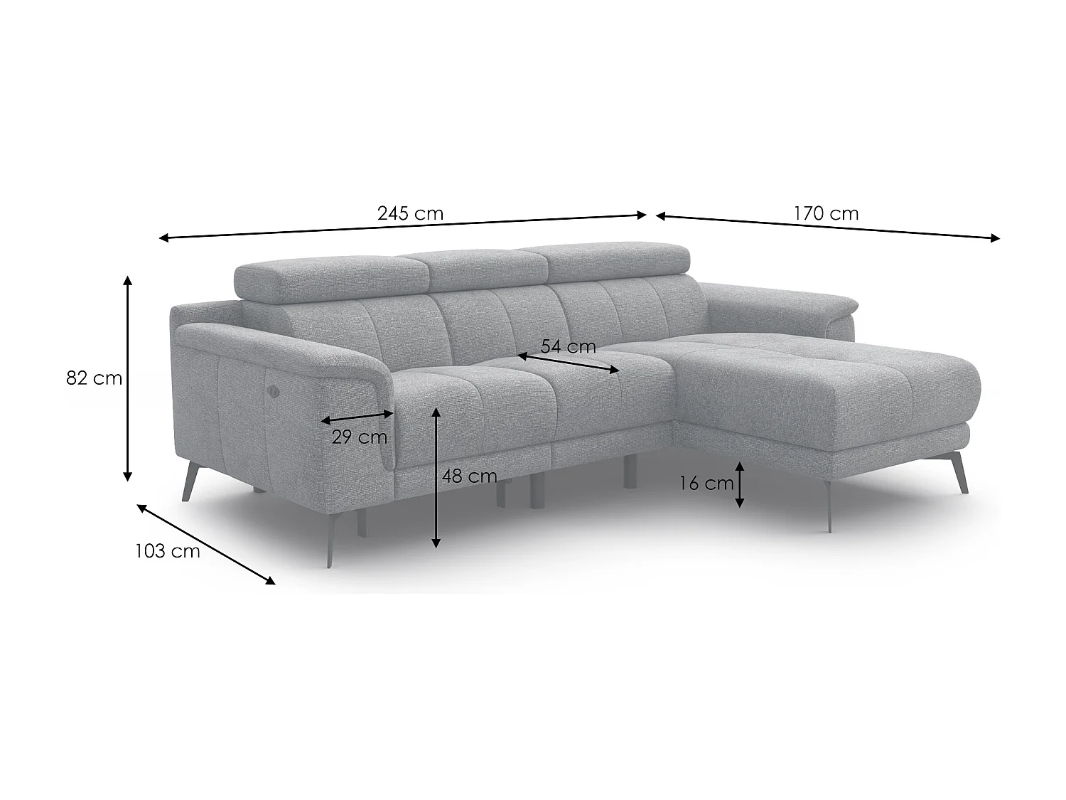 FIERO Ecksofa 3-Sitzer rechts mit 1 Relaxfunktion, grau