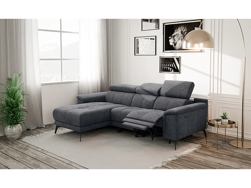 FIERO Ecksofa 3-Sitzer links mit 1 Relaxfunktion und verstellbare Kopfstützen, dunkelgrau