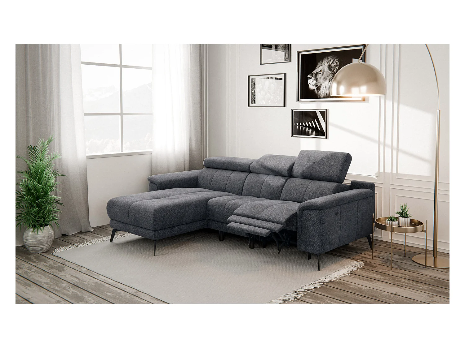 FIERO Ecksofa 3-Sitzer links mit 1 Relaxfunktion und verstellbare Kopfstützen, dunkelgrau